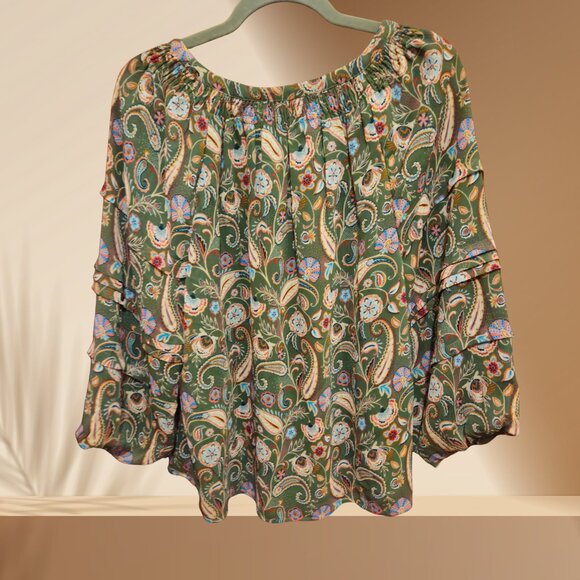 LOFT Green Paisley Off-Shoulder Blouse | Size L - Picture 3 of 4